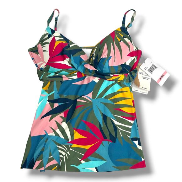 NEW Contours Coco Reef Tankini Top SZ 16 Bra Size 40C Olive Green Blue Tropical - Picture 2 of 12